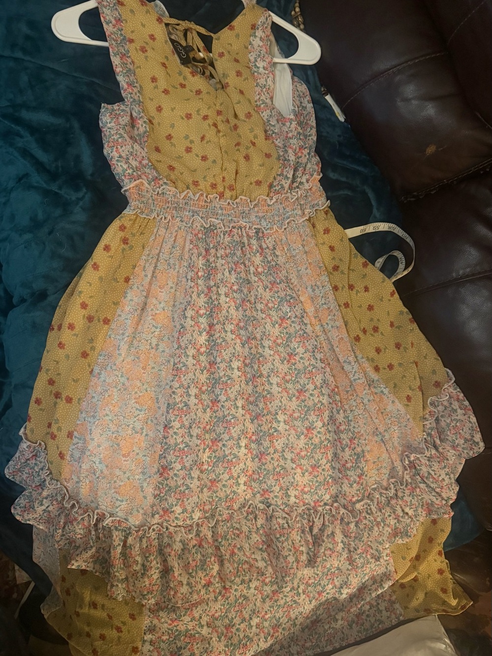 Gigio size sm 12” waist stretch to 18” Floral Ruffle V-Neck Yellow Midi Dress - Picture 2 of 2